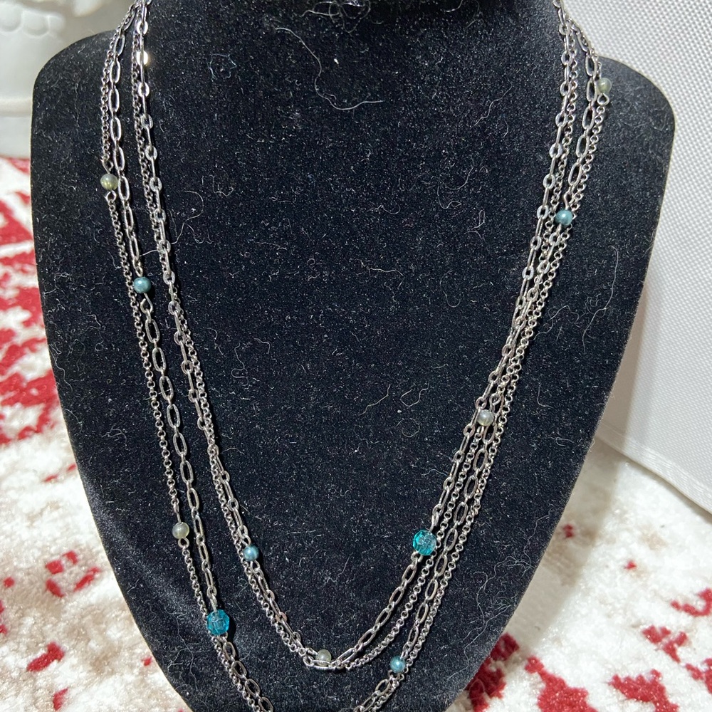 Necklace, Dual Gun Metal Chains With Dark Green Bead Accents.